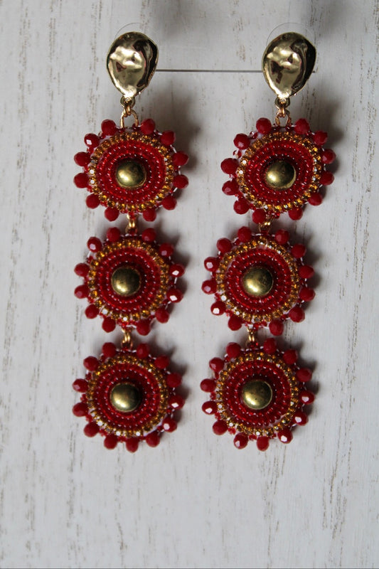 FAT SS 25' - GOOD MEDICINE - RED - 3-TIER BEADED EARRINGS